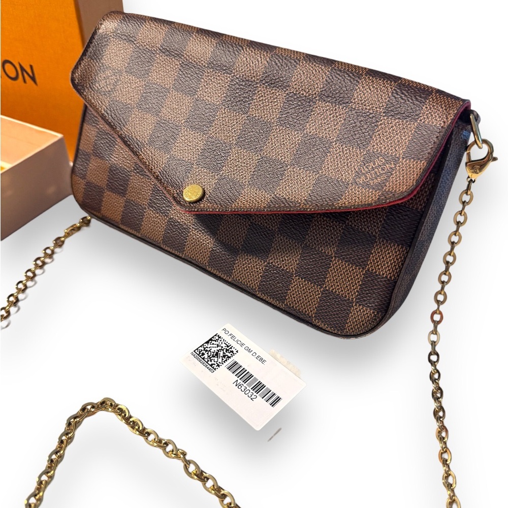 Louis Vuitton Brown Damier Ébène Crossbody Wallet with Gold Chain